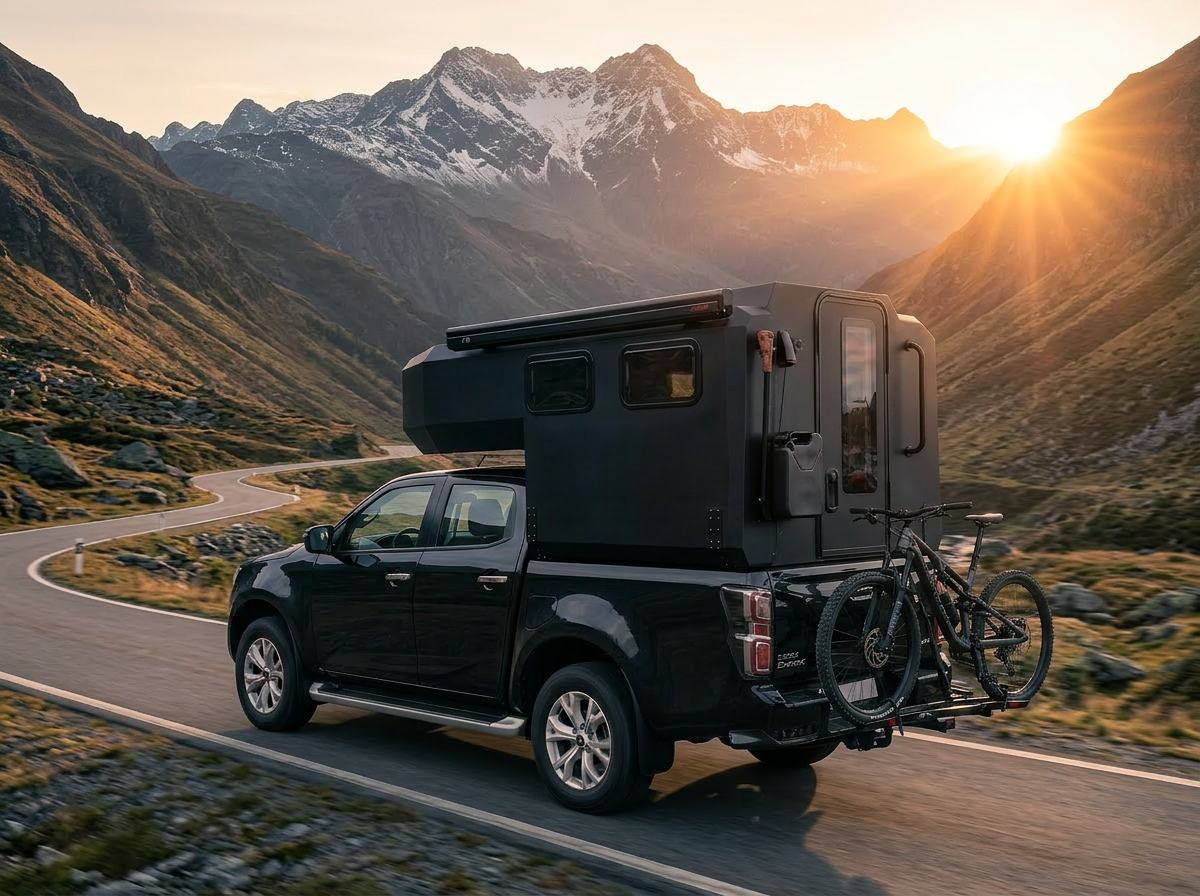Camper driving on mountain road at sunset