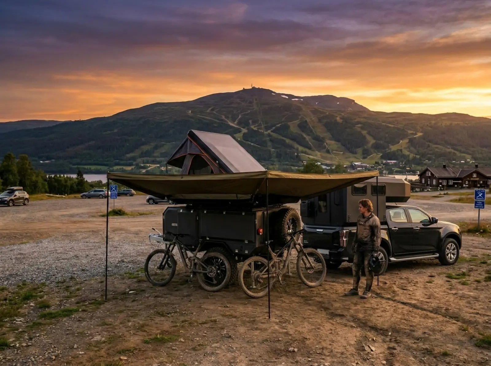 Camper med cyklar vid fjäll i solnedgång