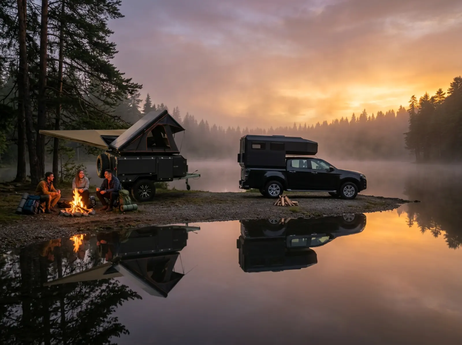 Camper vid lägereld vid sjö i solnedgång