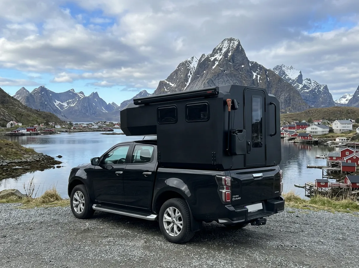 Camper vid Lofoten-fjord med berg i bakgrunden