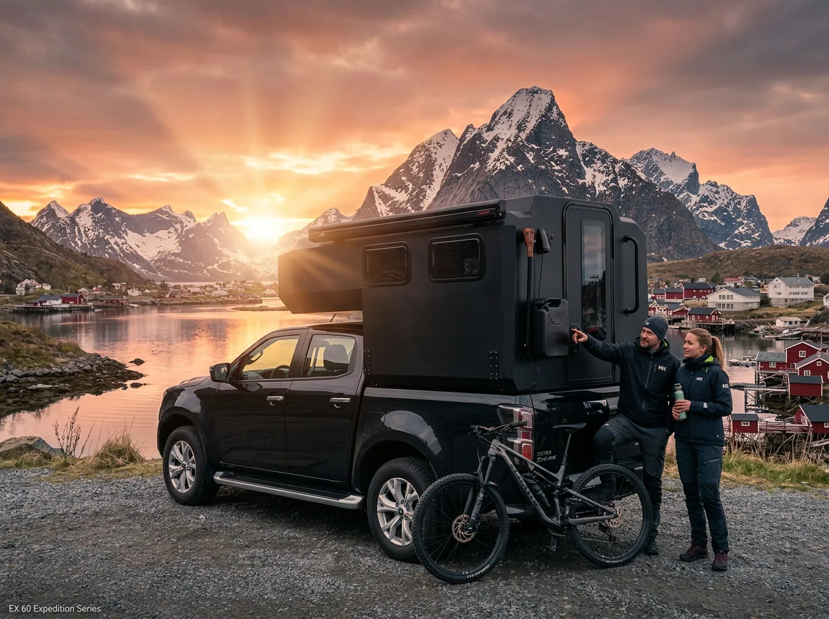 Par med camper vid fjord i solnedgång